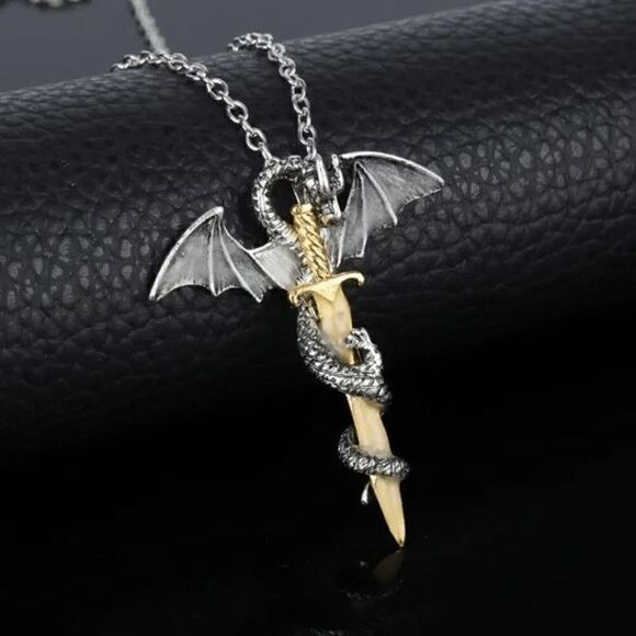 Flying Dragon Golden Sword Stainless Steel Pendant Necklace - Picture 1 of 5